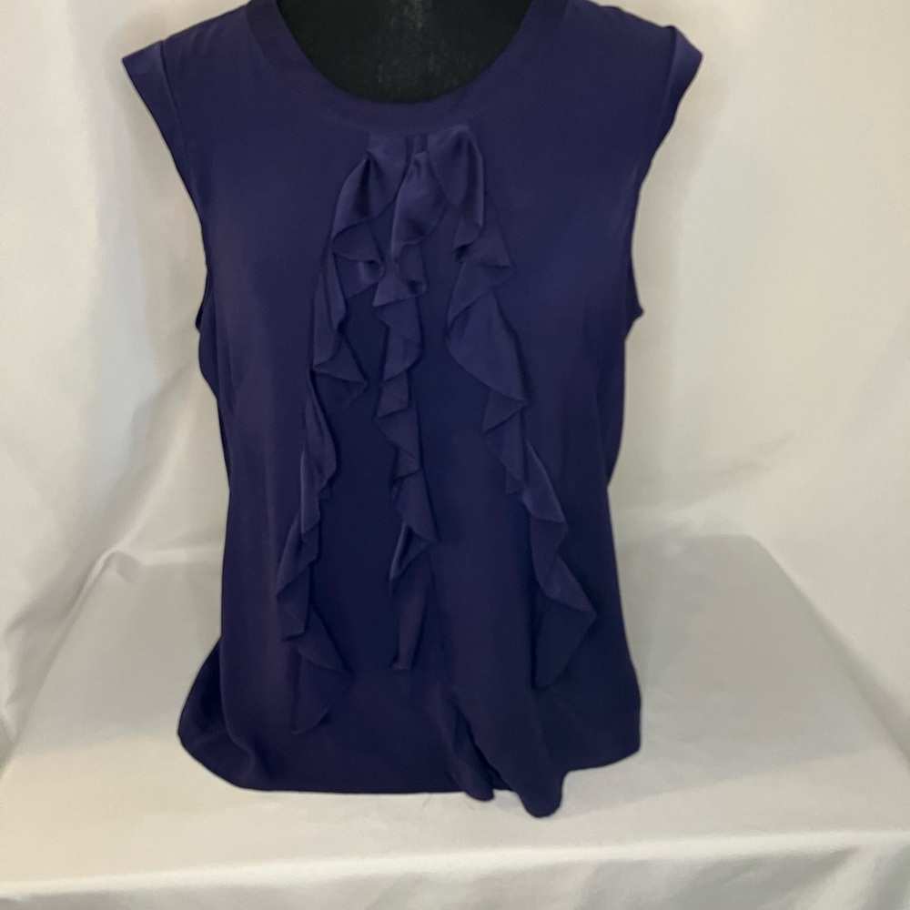 Womens Ann Taylor blouse large navy blue ruffles 91 silk 9 spandex